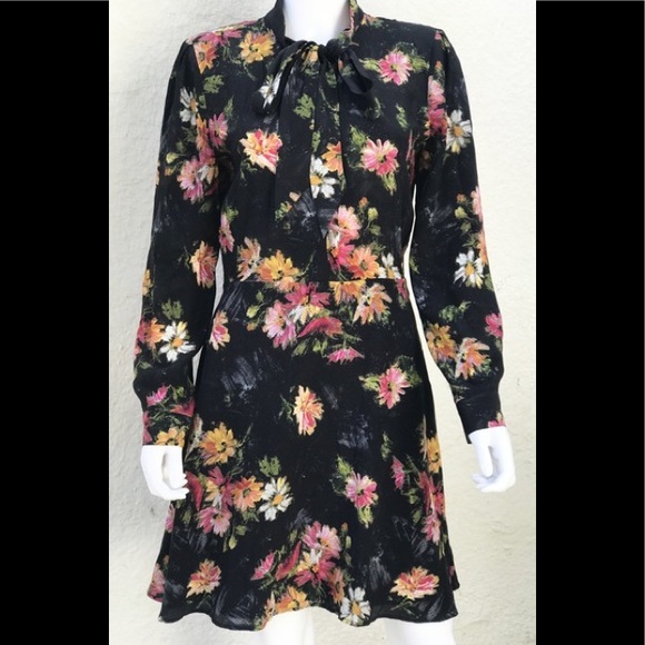 THE KOOPLES Silk Pussy Bow Secretary Tie Neck Firework Floral Mini Dress Mod - Picture 3 of 14